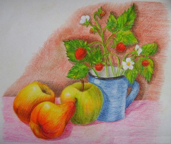 Как нарисовать натюрморт с фруктами цветными карандашами поэтапно мастер-класс детям