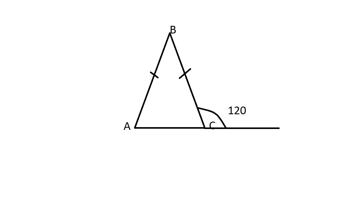 В любом равнобедренном треугольнике внешние углы. Внешний угол равнобедренного треугольника равен 120. Равнобедренный треугольник с углом 120 градусов. Равнобедренный треугольник с внешним углом 120 градусов. Внешний угол равнобедренного треугольника противолежащий основанию.