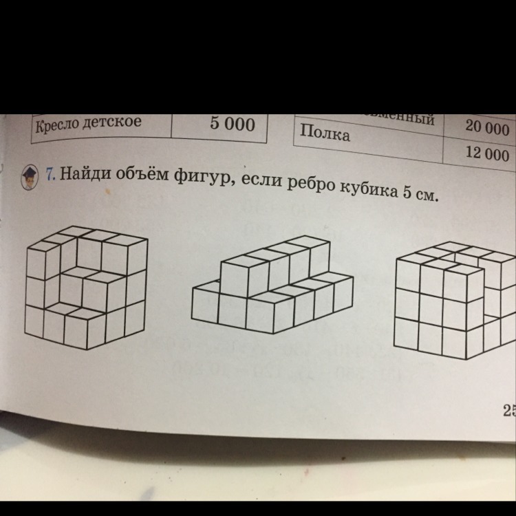 Найти объем фигуры изображенной на рисунке если ребро маленького кубика равно 2см