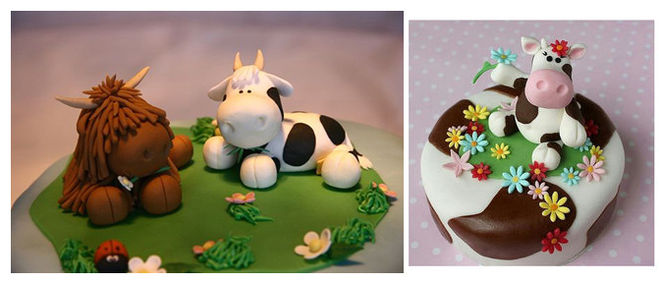 торт-корова с украшением фигурок коровы из мастики