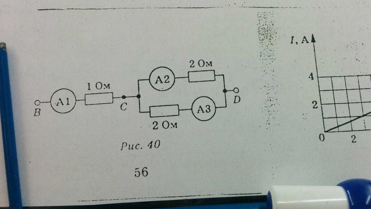 По рисунку 40 определите. Показания амперметров а1 ; а2; а3;. Сопротивление амперметра 3а. Определите сопротивление на участке bd. Общее сопротивление участков CD И bd.