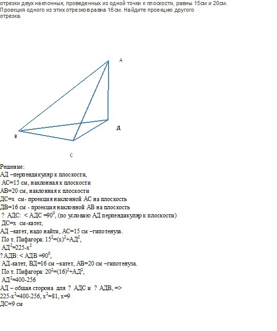 Отрезок равный 15 см. Проекции наклонных проведенных из одной точки. Из одной точки к плоскости провели две наклонные. Из одной точки плоскости проведены наклонные. Наклонные, проекция из точки к плоскости.