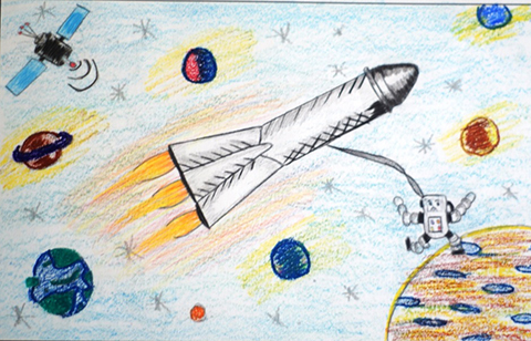 открытка с рисунком о космосе вместе с детьми