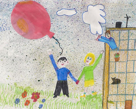 Красный шарик в синем небе", как сделать иллюстрацию к рассказу, рисунок?