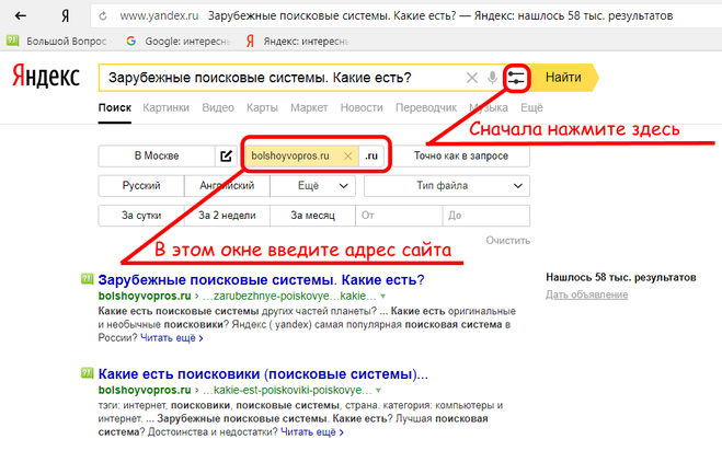 поиск по сайту в Яндексе