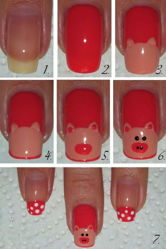 рисунок на ногтях со свинкой