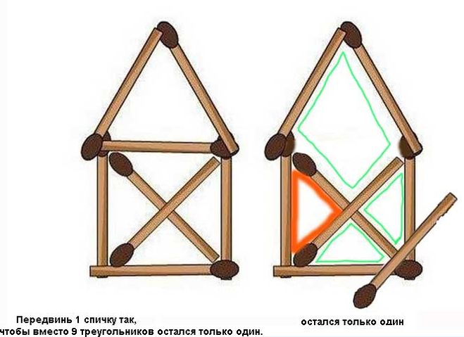 9 треугольников. Задача со спичками домик. Домик из спичек головоломка. Головоломка со спичками домик. Задания со спичками домик.