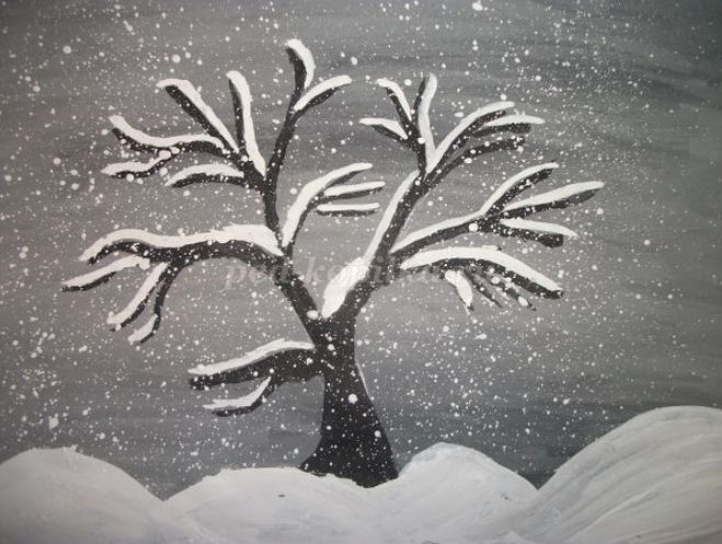 Как нарисовать дерево в снегу поэтапно для детей мастер-класс