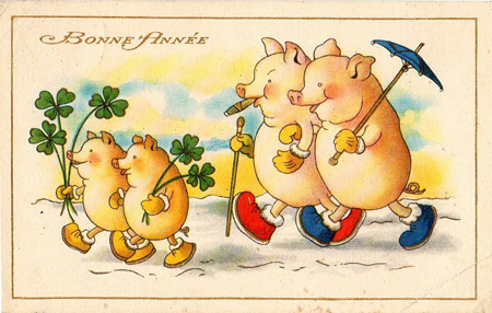 винтажная открытка с поросенком, свиньями