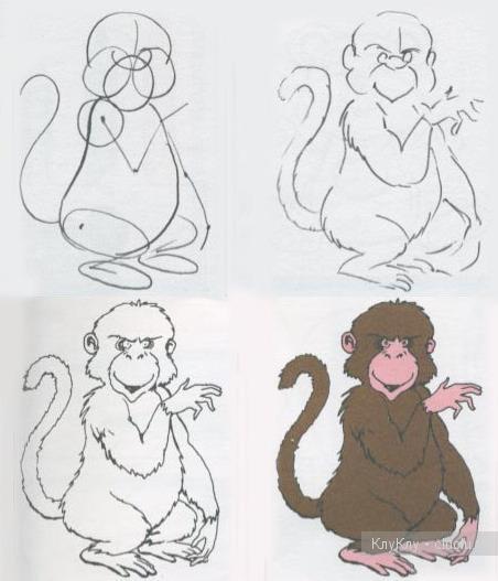 нарисовать красную, огненную обезьяну своими руками, карандашом поэтапно