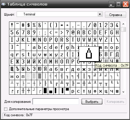 Символ с кодом 0 х 7F. Шрифт Terminal.