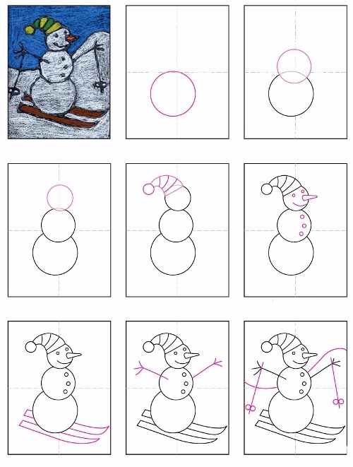как нарисовать снеговика с ребенком