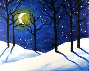рисунок поэтапно красками ночной зимний лес