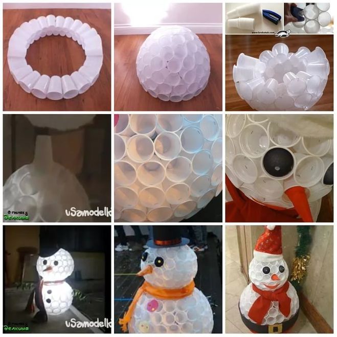 Как сделать снеговика из пластиковых стаканчиков поэтапно
