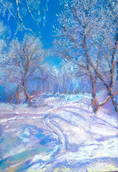 пейзажный зимний рисунок пастелью