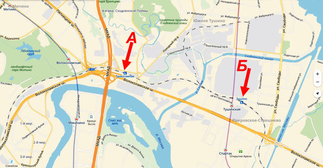 На карте станции Тушино и Трикотажная в Москве