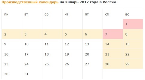 январь 2017, понедельник - рабочий день